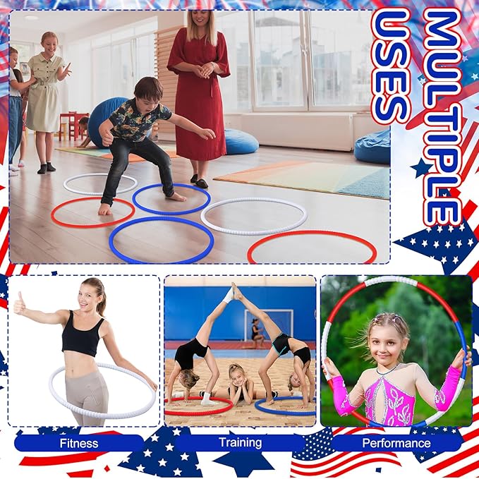 Sratte 12 Pcs Toy Hoop for Kid Detachable Adjustable Toy Hoop Colored Hoop Exercise Ring Plastic Circle for Kid Teen Gymnastics Dog Agility Equipment, Require Self Assembly(White, Blue, Red, 28 Inch)