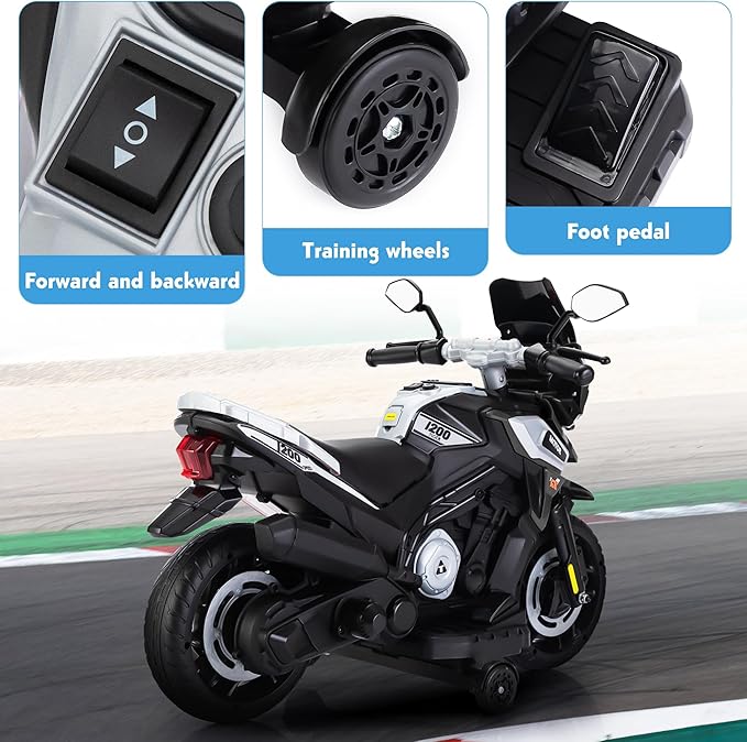 TOBBI 12V Electric Motorcycle for Kids Ride on Toys Toddler Motorbike Battery Powered Off-Road Dirt Bikes w/Music/Headlights/Training Wheels, Gifts for Boys & Girls, Silver