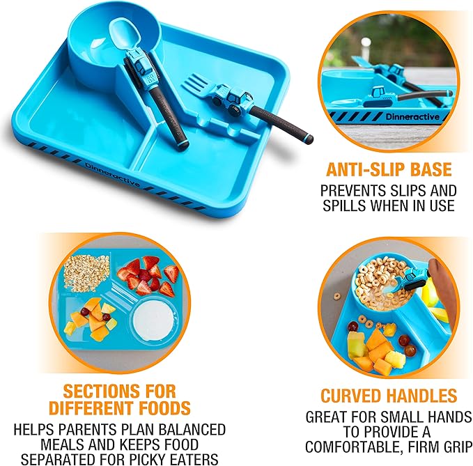 Dinneractive Dining Set for Kids - 3 Piece Construction Themed Toddler Utensils & Toddler Plates - Toddler Forks and Spoons - Kid Plate set