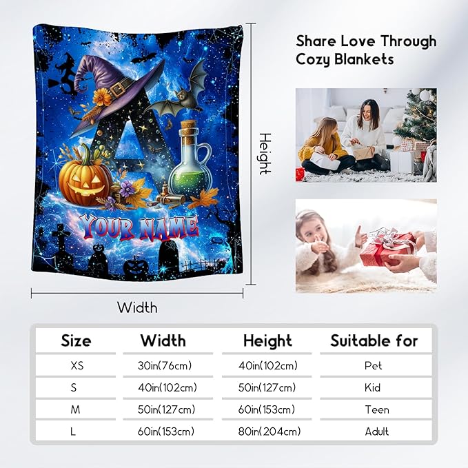 Halloween Blanket Gifts - Personalized Blanket for Kids Boys - Custom Initial Gifts for Toddler & Child - 60"x80" Flannel Monogram Throw - Halloween Party Room Decor