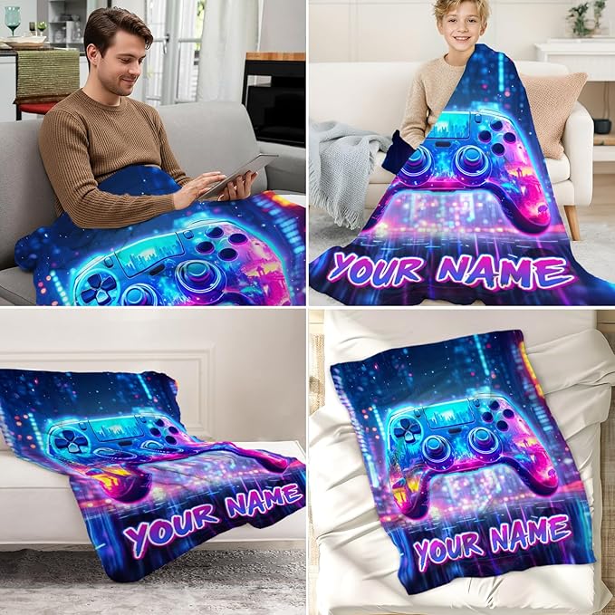 Personalized Kids Gaming Blanket Gift - Warm Gamer Boys Blankets and Throws for Bed, Couch