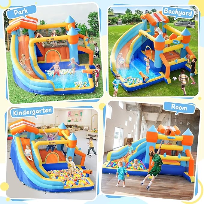 Bounce House, Inflatable Bounce House with Water Slide for Kids Indoor & Outdoor, Bouncy Castle with Football Frame, Water Cannon, Basketball Hoop & Ring Toss, Water Slides for Kids Backyard