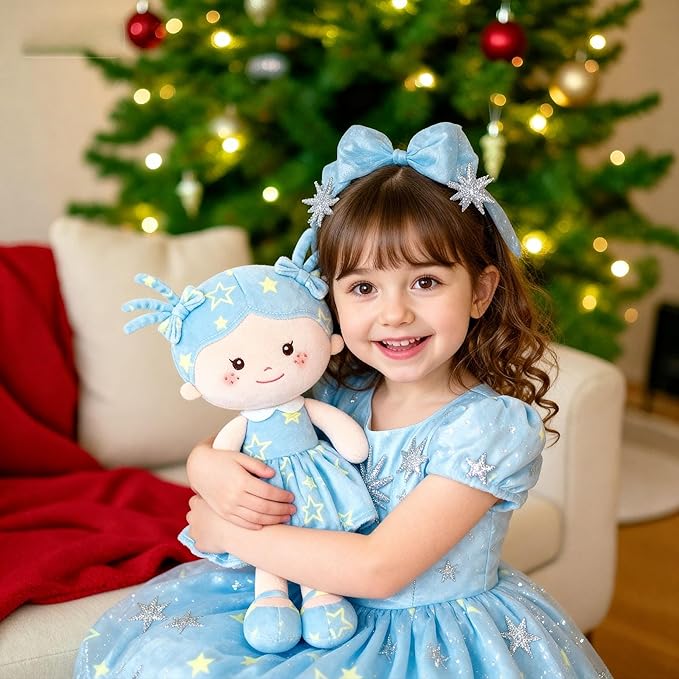 Onetoo First Baby Doll Plush Rag Doll Baby Girls Dolls Soft Baby Doll for Girls Wear Star Blue Sleeveless Dress 14"