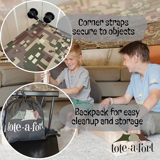 Tote a Fort Camo Blanket Fort Building Kit for Kids, 4 Blanket TOTEAFORT Toy, Make a Portable Playhouse, Play Tent Boy and Girl Indoor Outdoor Build Set, STEM Children Toy, Ages 4, 8, 12 +