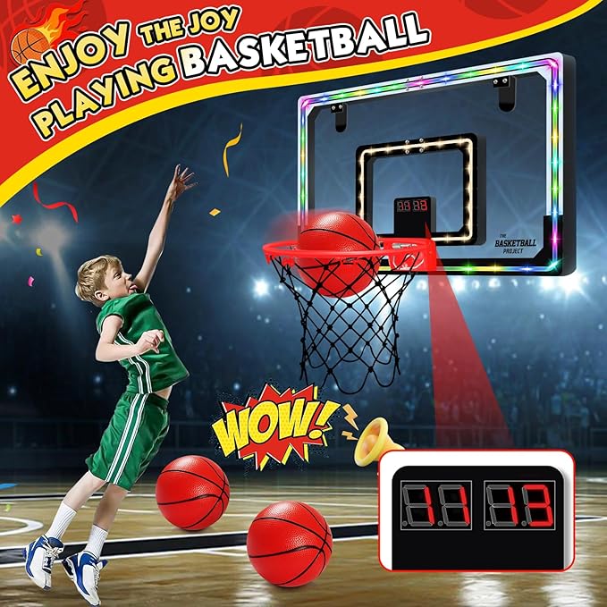 Extra Large 26" x 17" Pro Indoor Basketball Hoop Over The Door with LED Lighting Electronic Scoreboard, Mini Basketball Hoop for Kids, for Boys Girls Teens Adults B&R