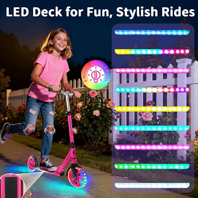 BELEEV V5 Plus Scooters for Kids Ages 6+, Teens with Light-Up Wheels & Deck, 2 Wheel Folding Lightweight Sport Scooter with 4 Adjustable Height, 8-inch Big Wheels, Carry Strap, Max Load 220 lbs