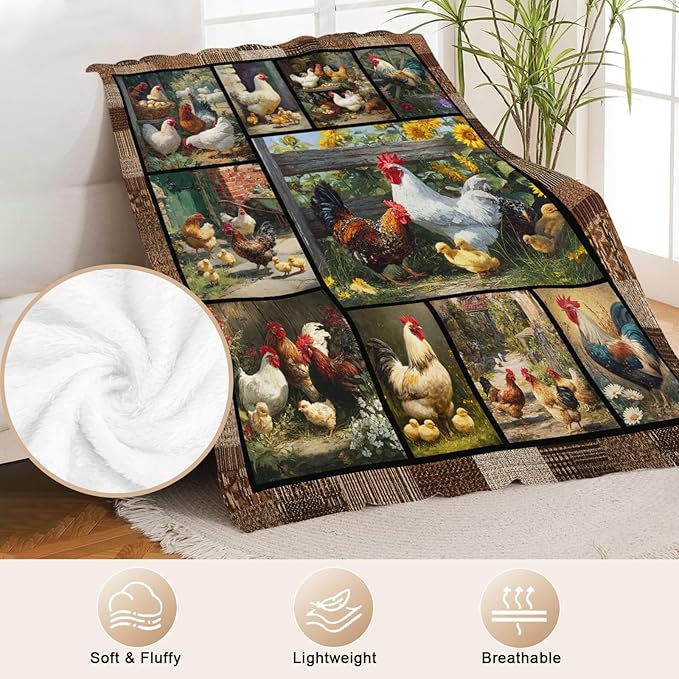 Farmhouse Rooster Throw Blanket Ultra Soft Farm Country Chicken Flannel Blanket Lightweight Cozy Blankets Gift for Women Men Couch Sofa Bed 60" x 50"