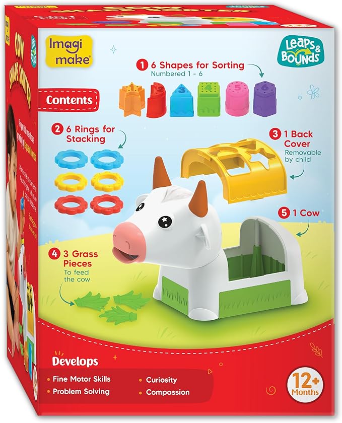 Imagimake Cow Shape Sorter | Leaps & Bounds Baby Toys 12-18 Months | Learning Toys for 1 + Year Old & Toddlers | 5-in-1 Play & Learn | Stacking, Sorting & Pretend Play | Birthday Gifts for 1 Year Old