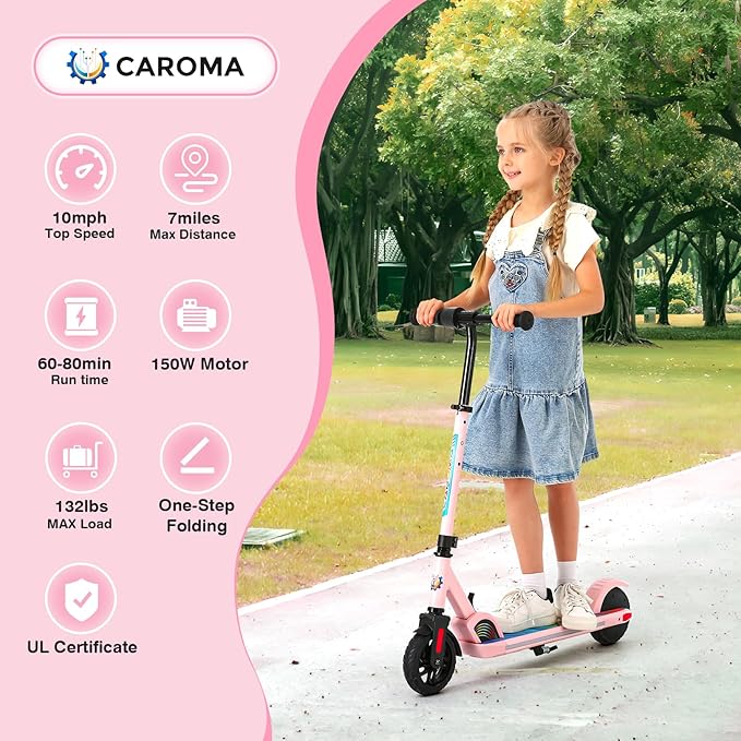 Caroma Electric Scooter for Kids Ages 6-14, 150W/180W Motor,10 MPH Max Speed & 7 Miles,Adjustable Height & Speed,Colorful Lights,LED Display,Foldable Kids Electric Scooter 132 Lbs Max Load