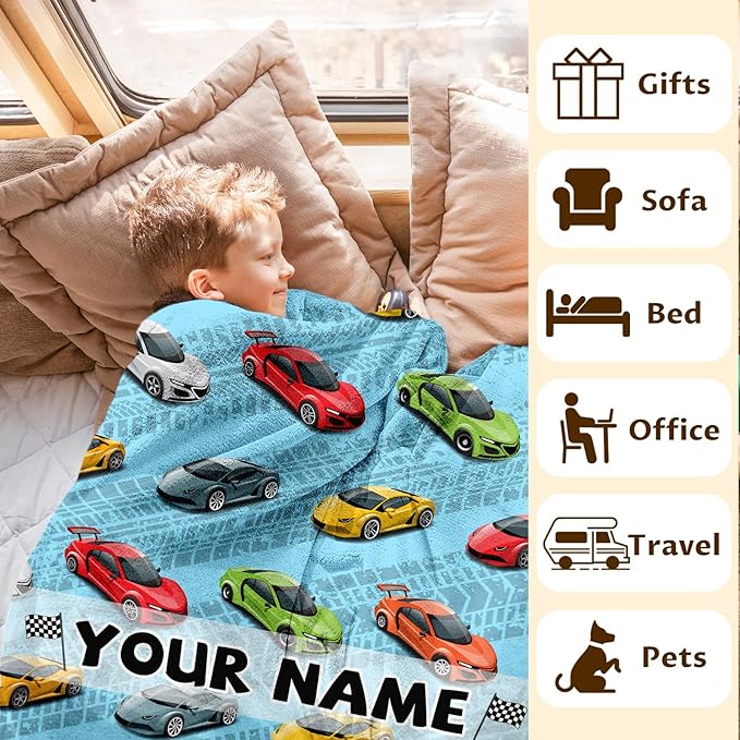 Personalized Car Blanket Gifts for Kids - 30x40 Inches Cute Cars Throw Blanket for Boys Men Race Sport Car Lovers - Custom Name Blue Soft Fuzzy Blankets for Couch, Sofa