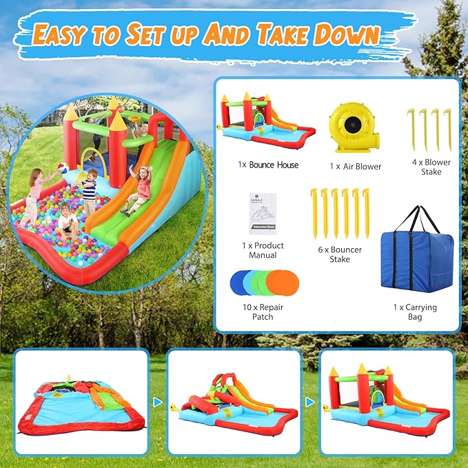 Bounce House,Inflatable Bounce Castle with Blower for Kids 3-12,Outdoor/Indoor Bouncy House Water Park for Backyard with Splash Slide,Climbing Wall,Ball Pit,Jumping Area (146" x 103" x 73")