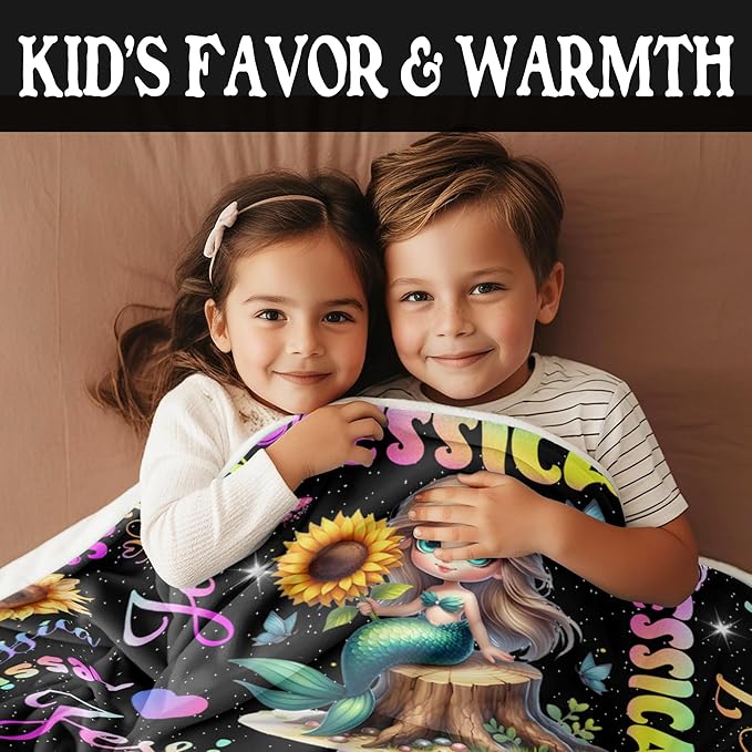 Custom Girl Blanket with Name Personalized Cute Mermaid Blanket for Newborn Customized Soft Flannel Throw Blanket Memorial Gift for Toddler on Birthday Baby Shower Christmas