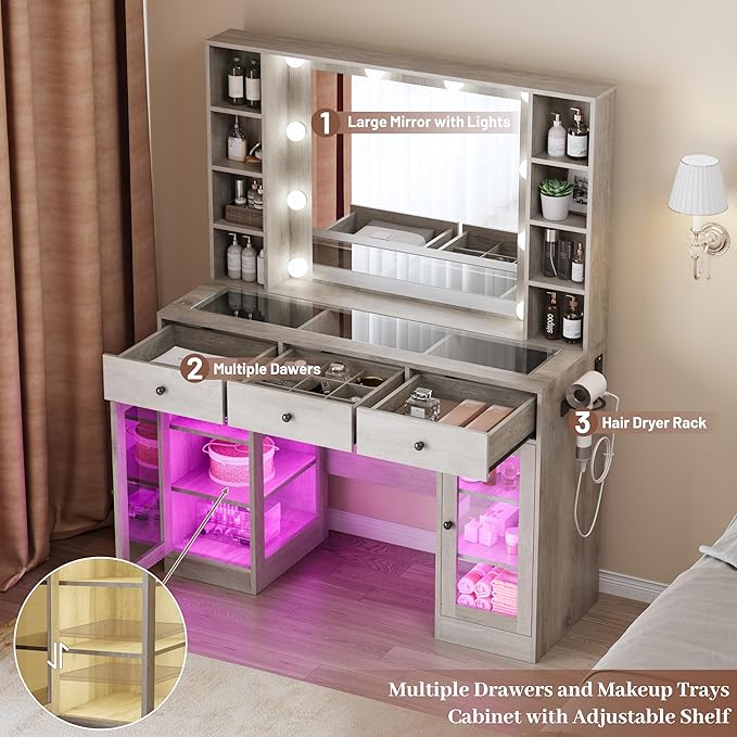 Makeup Vanity with Mirror and Lights, 43'' Wide Dressing Table with Storage Drawers, Open Shelves & Power Outlet, Vanity Desk with RGB Cabinet & Glass Top for Girls Bedroom, Living Room, Grey
