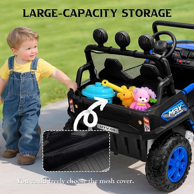 24V 2 Seater Ride on UTV Car, 4WD Ride on Toys for Kids with Remote Control, Shock Absorbers, LED Lights, Music, Off-Road Electric Car for Kids Boys Girls (Blue)