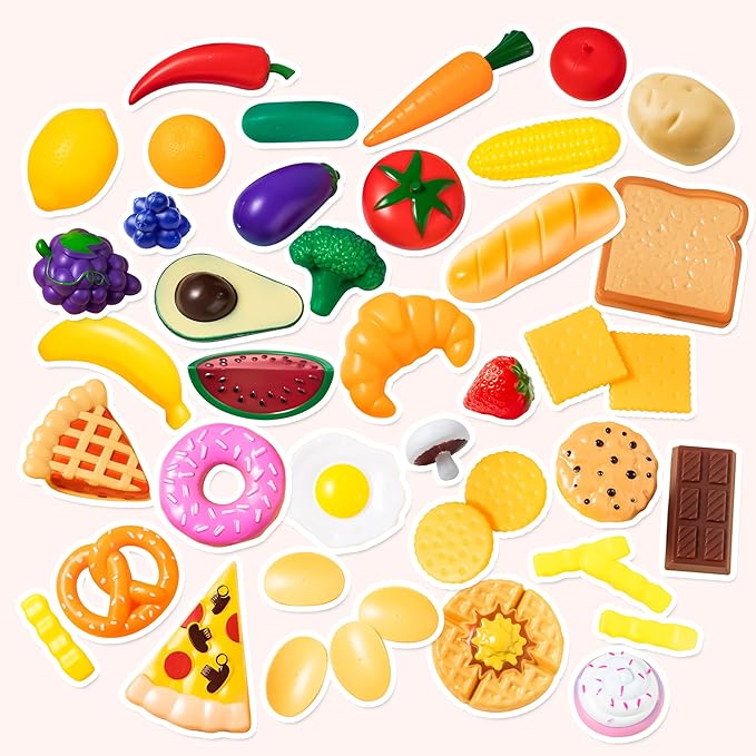 JOYIN 50 Piece Set of Kitchen Toys, Dinnerware, Dummy Fruits, Vegetables, Plastic Accessories for Children Educational Learning Toy, Role Play Gift, Easter Basket Stuffers