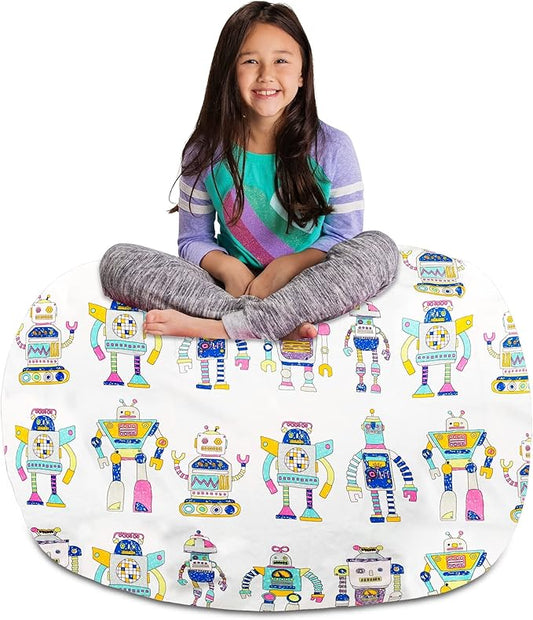 Posh Creations Stuffable Kids Stuffed Animal Storage Bean Bag Chair Cover - Childrens Toy Organizer, X-Large-48 - Canvas Robots on White