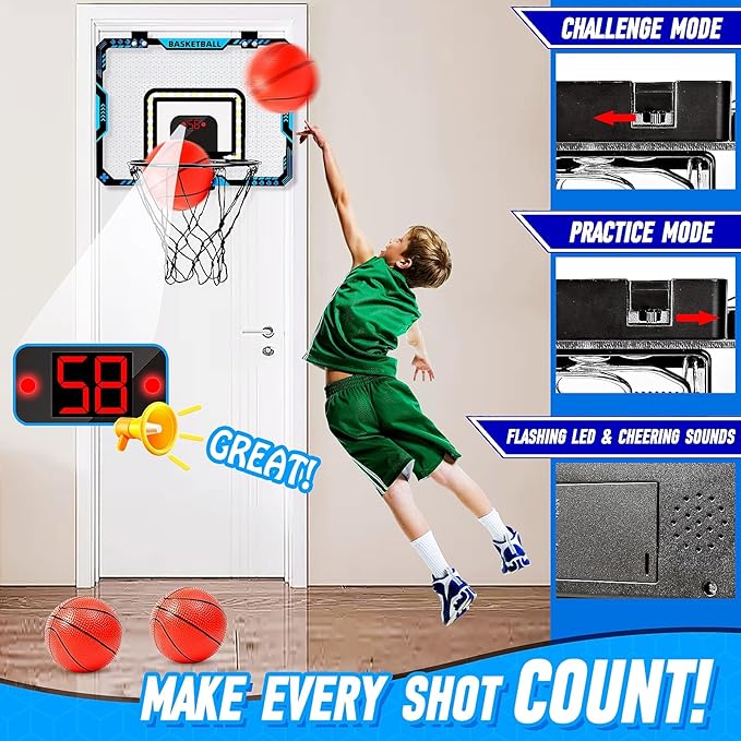 BATURU Mini Basketball Hoop Indoor for Kids – Over The Door Basketball Hoop with LED Scoreboard, Lights, Sound – Sports Gifts Toys for Boys Ages 5-12