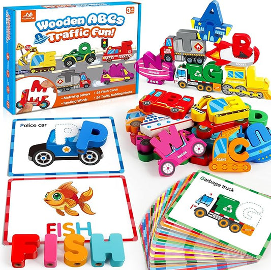 Vanmor Wooden Vehicle Alphabet Puzzle for Toddlers, Traffic ABC Letter Sight Words Matching Game with 52 Blocks and Flash Cards, Montessori Spelling Game Learning Toys, Stocking Stuffer for Kids 3-5