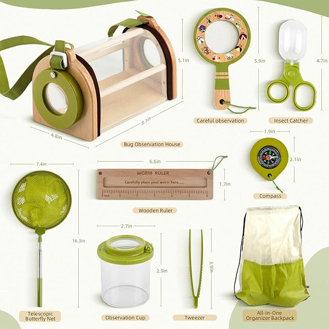 Bug Catcher Kit for Kids, Outdoor Explorer Toy Set with Butterfly Net, Wooden Magnifying Glass & Bug Container &Other Adventure Kit for Backyard Bugs Hunting and Camping Gifts for Boys Girls Age 3-12