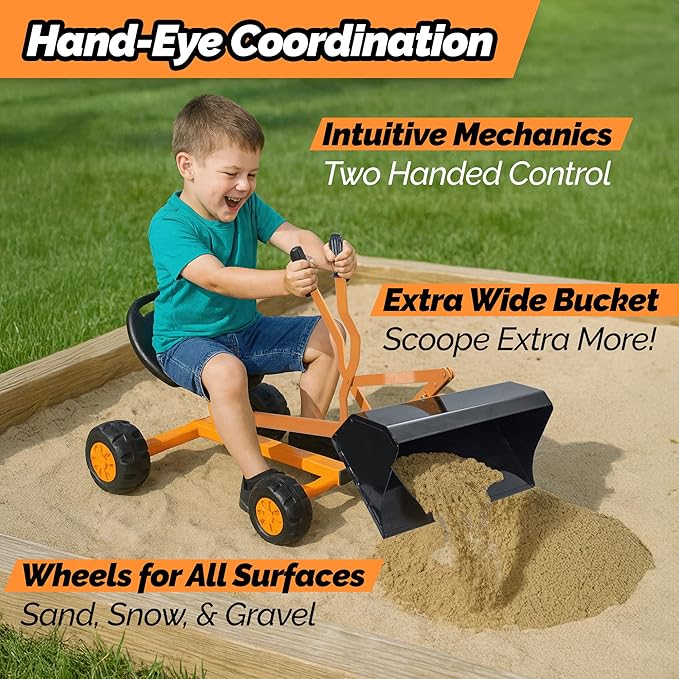 WONKAWOO Sand Digger Original Metal Excavator Bulldozer 360° Seat Ride On Toy for Kids, US Patented Extra Wide Scoop Bucket Design