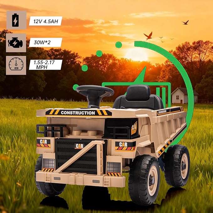 12V Ride On Construction Truck, Battery Powered Ride On Car with Remote Control, Kids Electric Vehicle with Shovel, Speaker, Khaki