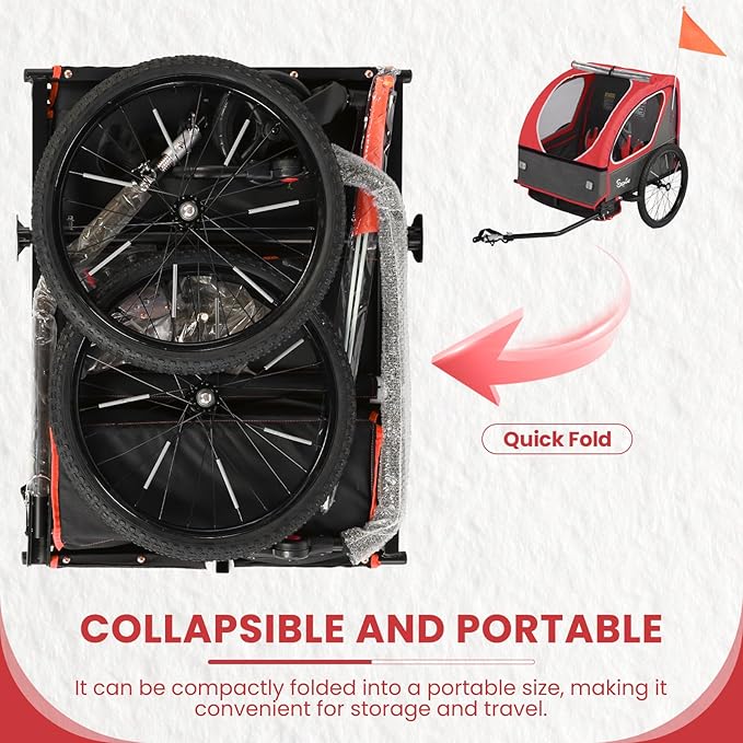 Sepnine Kids Bike Trailer, 2 in1 Canopy Carrier Converts to Pushcart Suitable for 1 to 2 Toddlers, Kids, Quick Attach to Bike, Foldable, with 5-Point Harness and Storage Bags