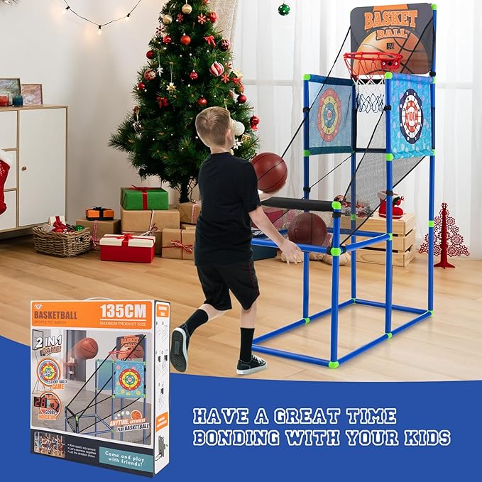 Giantex Kids Basketball Hoop Arcade Game, 2 in 1 Indoor Outdoor Arcade Basketball Game Set w/Electronic Scoreboard, Sound Effect, Ball Pump, 8 Balls, 2 Basketballs, Great Gift for Boys, Girls Ages 3+