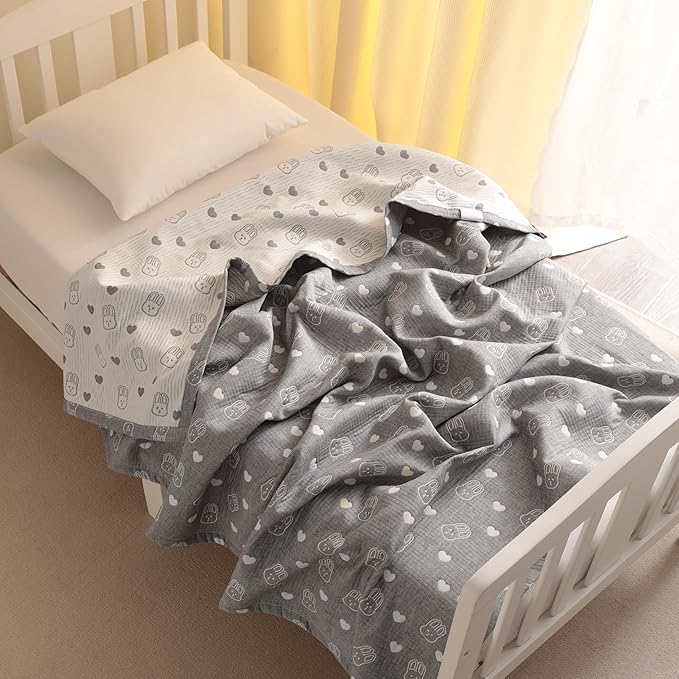 NTBAY 3 Layer Muslin Cotton Toddler Blanket, Jacquard Reversible Nursery Bed Blanket, Super Soft and Thermal for All Seasons, Decoration Gift, 30"x40", Dark Grey Rabblt