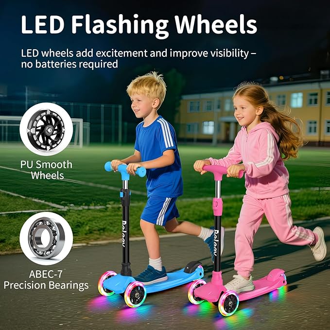BELEEV Scooters for Kids 3 Wheel Kick Scooter for Toddlers Girls Boys, 4 Adjustable Height, Lean to Steer, Light up Wheels, Extra-Wide Deck, Easy to Assemble for Children Ages 3-12 (Rose Pink)