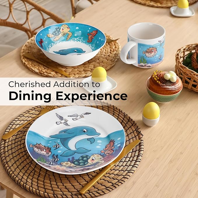 MIAMIO – Set of 3 Kids Dinnerware Set/Porcelain Children Dishes, Kids Dish Set, Children’s Tableware Set - Includes Plate, Bowl and Cup – For Kids and Toddler (Ocean)