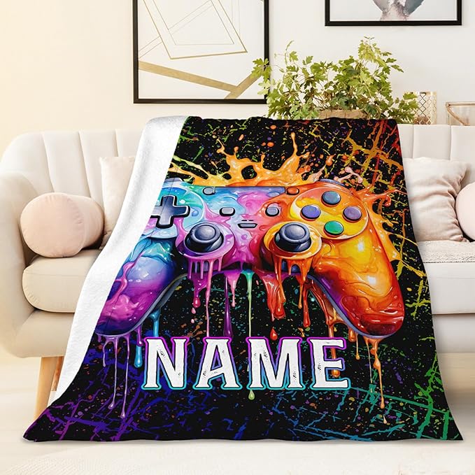 Custom Gamer Blankets for Boys - 50x40 Inches Small Gamer Themed Gifts - Black Gaming Flannel Throws Accessories Gifts for Game Lovers Players - Personalized Soft Cozy Plush Blankets for Couch, Sofa