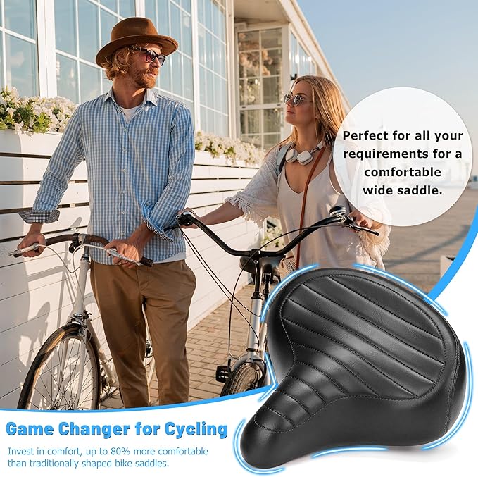 Wide Bike Seat for Men Women Comfort, Large Soft Padded Bicycle Seat Cushion, Oversized Comfortable Replacement Saddle for City & Mountain Bicycle, Beach Cruiser, Ebike, Scooter, Stationary Bike