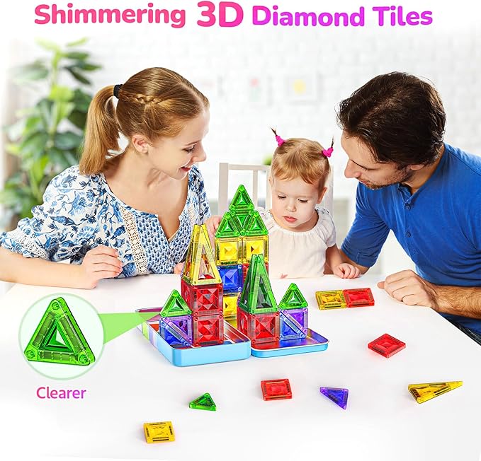 Mini Magnetic Tiles for Kids, Sparkling Diamond Travel Magnet Tiles with Metal Case, STEM Educational Magnet Blocks, Portable Construction Magnet Toys for Boys and Girls, 26PCS