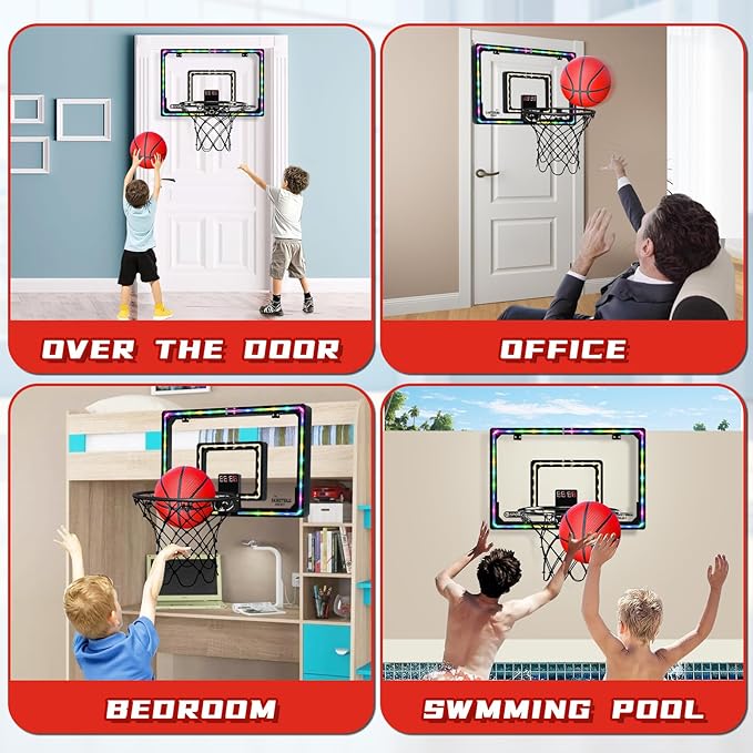 NZQXJXZ Extra Large 26" x 17" Pro Indoor Basketball Hoop Over The Door with LED Lighting Electronic Scoreboard, Mini Basketball Hoop for Kids, for Boys Girls Teens Adults W&B