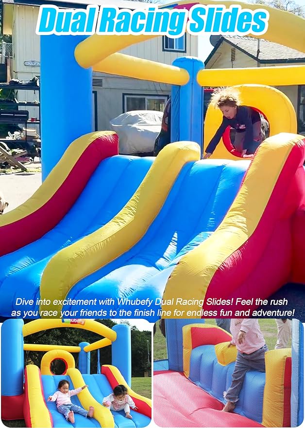 Whubefy Inflatable Bounce House Elevated Double Racing Slide for Kids 3-6 with Jump-Through Hoop Large Blow Up Bouncy Castle Obstacle Course 12.3x8.7x5.8ft w/370W Blower Indoor Outdoor Fun