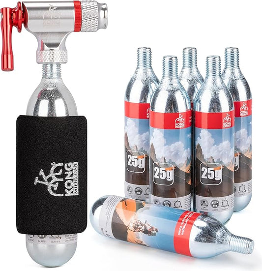 CO2 Inflator Kits with 6 X 16g / 25g CO2 Threaded Cartridges for Bike Tires, Presta and Schrader Valve Compatible, CO2 Bike Tire Pump for Mountain and Road Bicycles