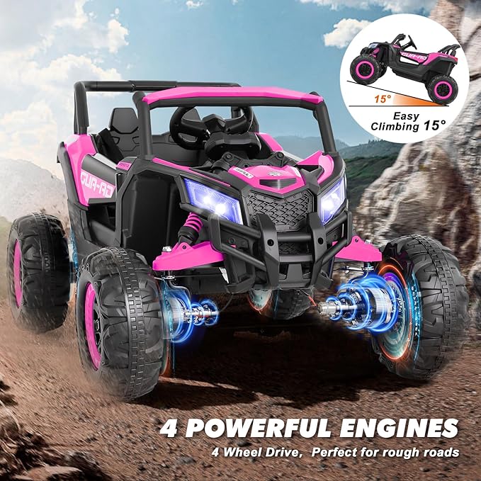 JOYLDIAS 4WD Ride On Car, 12V Battery Powered Electric Off-Road UTV for Kids, 4X4 Electric Vehicle W/4 Powerful Engines, 2.4G Remote Control, Music, Bluetooth, LED Lights for Boys and Girls, Pink