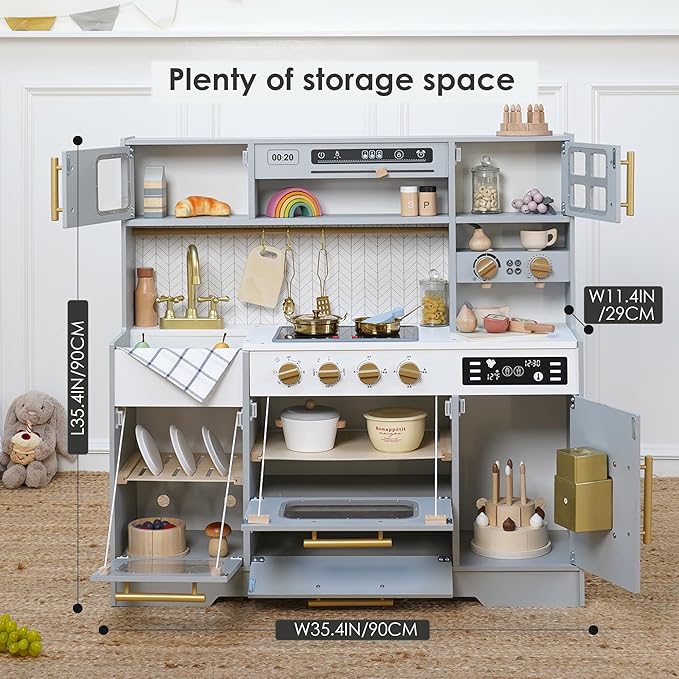 Wooden Play Kitchen for Kids – Pretend Play Kitchen Set with Realistic Stove, Sink, Coffee Maker, Ice Maker & 15 Fun Accessories, Toy Kitchen for Toddlers Ages 3+