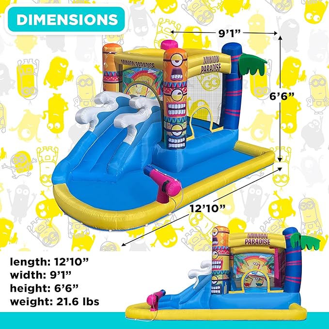 Funormous Minions Bounce House with Slide, Ball Pit & Water Cannon – Indoor/Outdoor Tropical Inflatable with GFCI Air Blower for Kids Ages 3–8