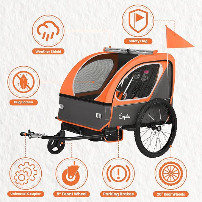 Sepnine Kids Bike Trailer, 2 in1 Canopy Carrier Converts to Pushcart Suitable for 1 to 2 Toddlers, Kids, Quick Attach to Bike, Foldable, with 5-Point Harness and Storage Bags