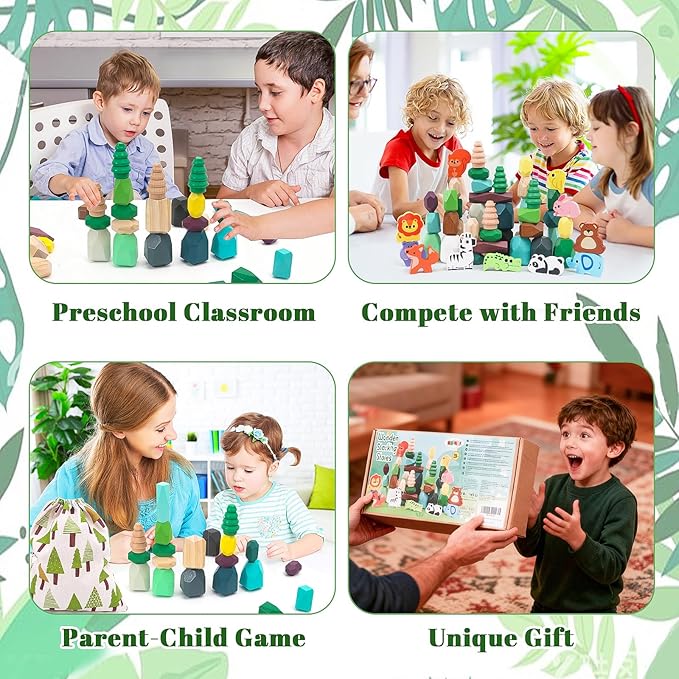 Wooden Stacking Rocks Toys Set for Kids Educational Stacking Blocks Building Blocks for Toddlers 1-3 Forest Theme Montessori Toys Creative Stacking Game for Children