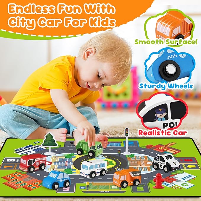 Toddler Car Toys, Wooden Cars Toys for Boy, 22 PCS Cars and Trucks Toy Vehicles Set with Traffic Signs, Playmat, Storage Box, Wood Montessori Toys for Toddlers Baby Birthday Educational