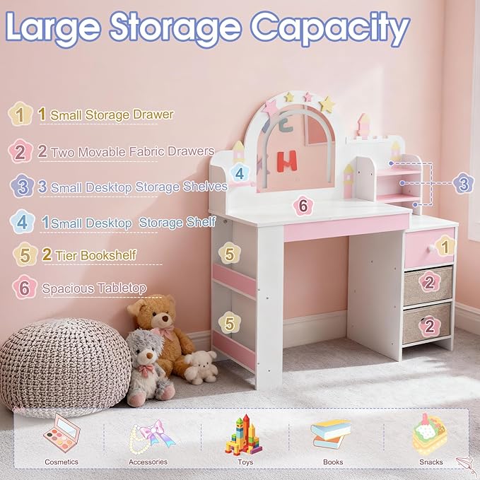 Karl home Kids Vanity Set with Lighted Mirror and Stool, Princess Makeup Vanity Desk with Bookshelf & Drawers, Toddler Dressing Table and Chair Set with Storage Shelves for Little Girls, White