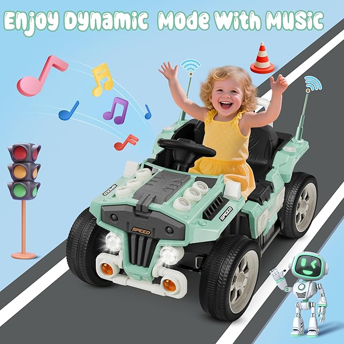 ANPABO 12V Ride On Truck Car with Remote Control, Kids Electric Car with Bluetooth Music, Horn, 3 Speeds, LED Lights, Soft Start, Ride on Toys for Toddler Boys & Girls (Green)