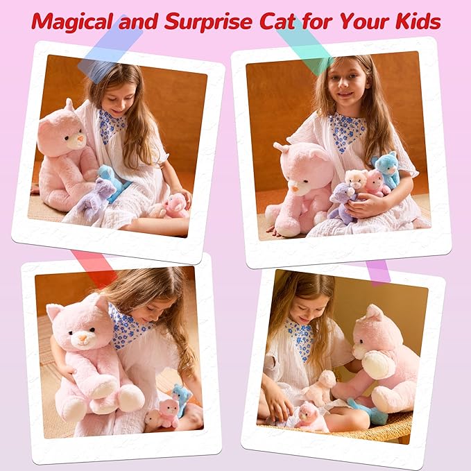 5 Pieces Cat Stuffed Animals for Girls, 1 Mommy Cat with 4 Babies, Soft Plush Cat Toy Set for Kids 3-9, Gifts for Christmas, Birthday, Children's Day, Valentine's
