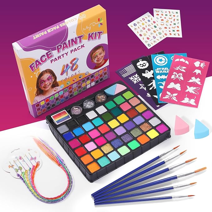 Maydear 48-Color Face Paint Kit for Kids – Washable Makeup with Neon & Metallic Shades, Brushes, Stencils, Rainbow Strip, Hair Extensions & Nail Stickers for Parties & Halloween