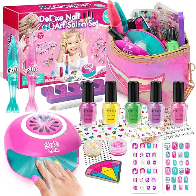Amagoing Kids Nail Polish Set for Girls, Girls Nail Kit Ages 7-12 with Nail Dryer, Quick-Dry Nail Polish, Nail Art Pens, Cartoon Press on Nail, Makeup Bag, Spa Manicures Birthday Christmas Gift Toy