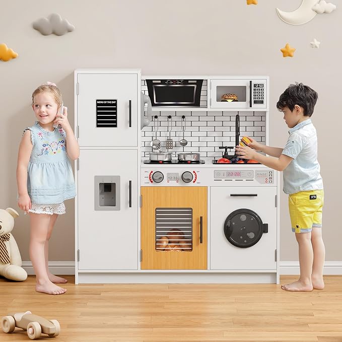 DlandHome Kids Kitchen Playset, Pretend Kitchen Playset with Real Lights & Sounds, Chef Pretend Play Set with Refrigerator, Microwave, Oven, Ideal Toy Gift for Toddlers and Kids Ages 3+