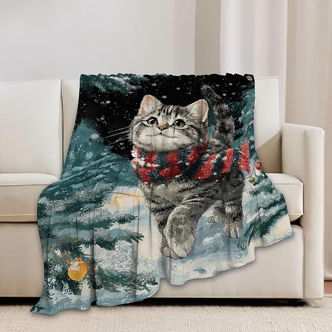Cat Blanket Christmas Winter Night Throw Blankets Kitten Gifts for Girls Boys Kids Cat Lover Soft Cozy Fleece Plush for Couch Sofa Bed 50"x40"