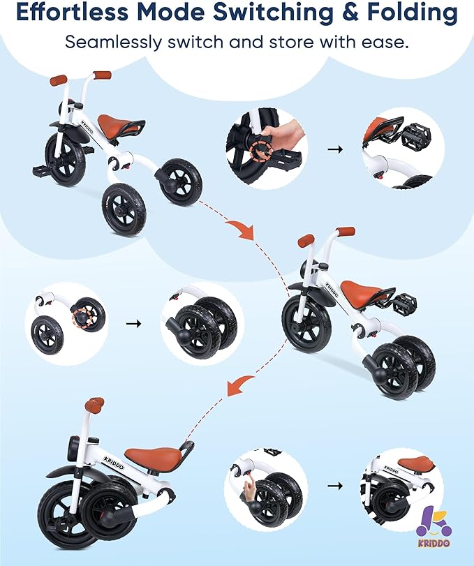 KRIDDO 2-in-1 Kids Balance Bike and Kids Tricycle for 2 to 5 Year Old, Toddler Balance Bike with Detachable Pedals, Tricycles for 3-5 Year Olds with Stitched Soft Grip, White